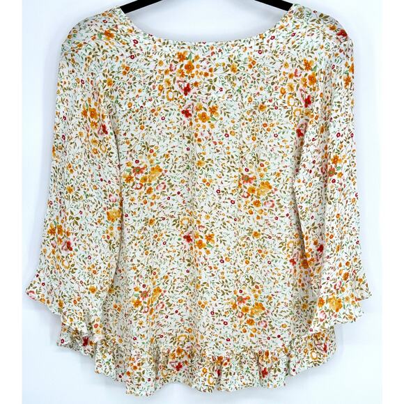 Rose & Thyme Womens S Flower V Neck Blouse 3/4 Sleeve Ruffle Hem Cottagecore - Picture 2 of 5